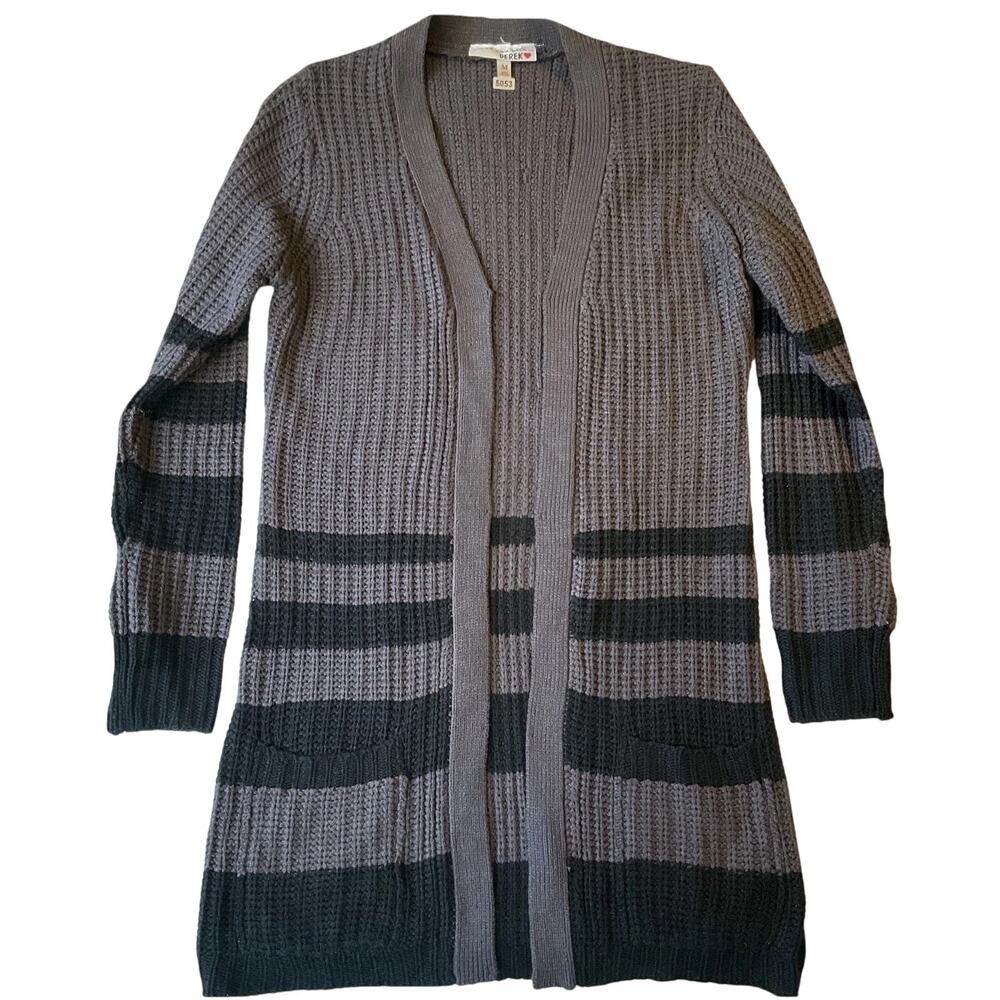 In Love With Derek Women Sweater M Gray Cardigan Striped Long Sleeve Open Front